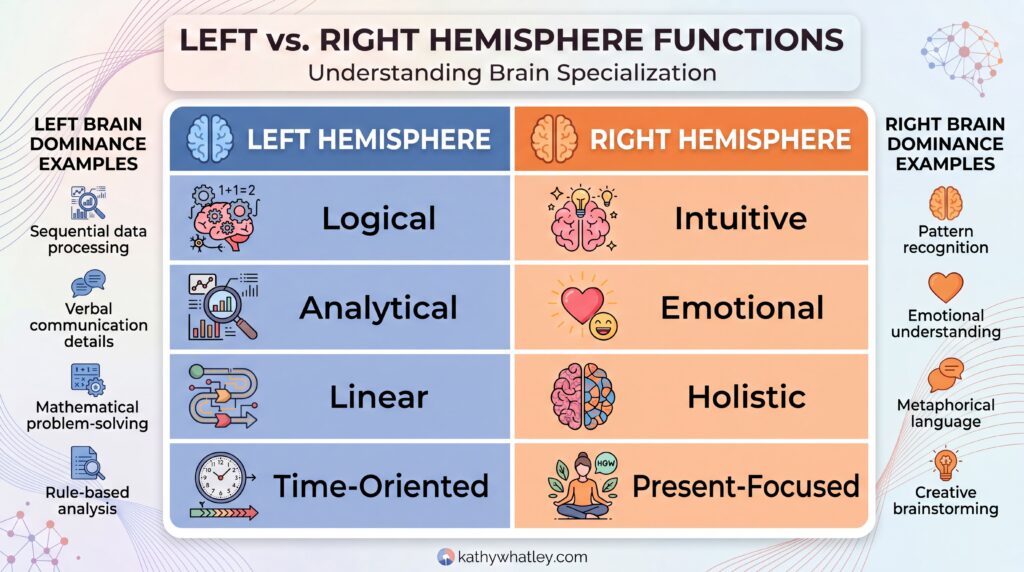 Diagram showing the human brain divided into the analytical left hemisphere and intuitive right hemisphere.