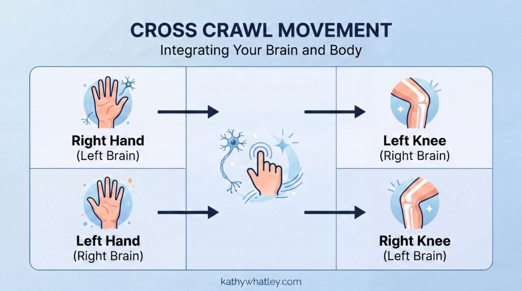 Infographic illustrating the cross crawl physical movement pattern for bilateral brain communication and stress reduction.