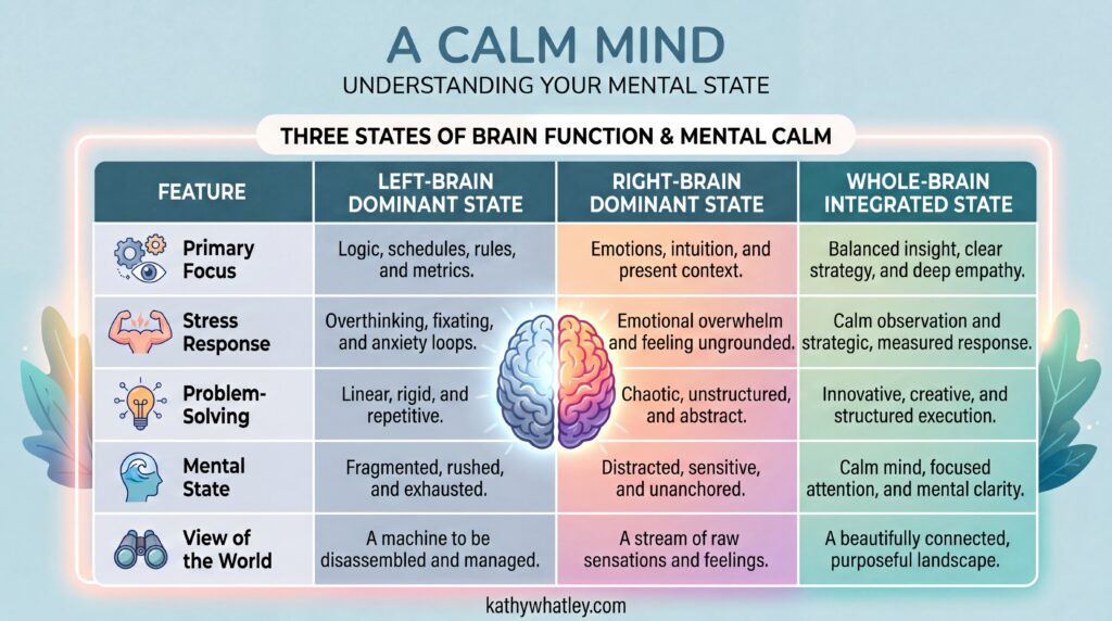 "A Calm Mind" infographic table comparing Left-Brain, Right-Brain, and Whole-Brain Integrated states across categories like Primary Focus, Stress Response, and Mental State.