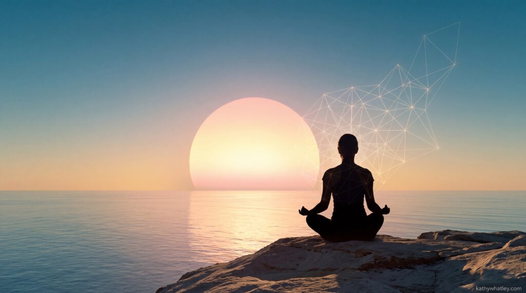 Silhouette of a person meditating in a lotus position on a rocky cliff during a vibrant sunset over the ocean, with an abstract geometric network design symbolizing brain integration overlaying the scene.