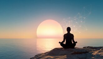 Silhouette of a person meditating in a lotus position on a rocky cliff during a vibrant sunset over the ocean, with an abstract geometric network design symbolizing brain integration overlaying the scene.