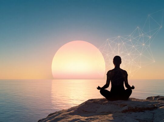 Silhouette of a person meditating in a lotus position on a rocky cliff during a vibrant sunset over the ocean, with an abstract geometric network design symbolizing brain integration overlaying the scene.