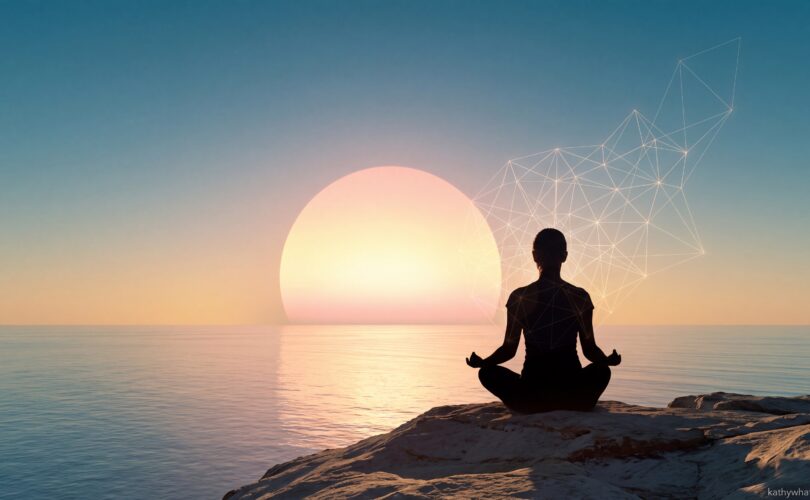 Silhouette of a person meditating in a lotus position on a rocky cliff during a vibrant sunset over the ocean, with an abstract geometric network design symbolizing brain integration overlaying the scene.