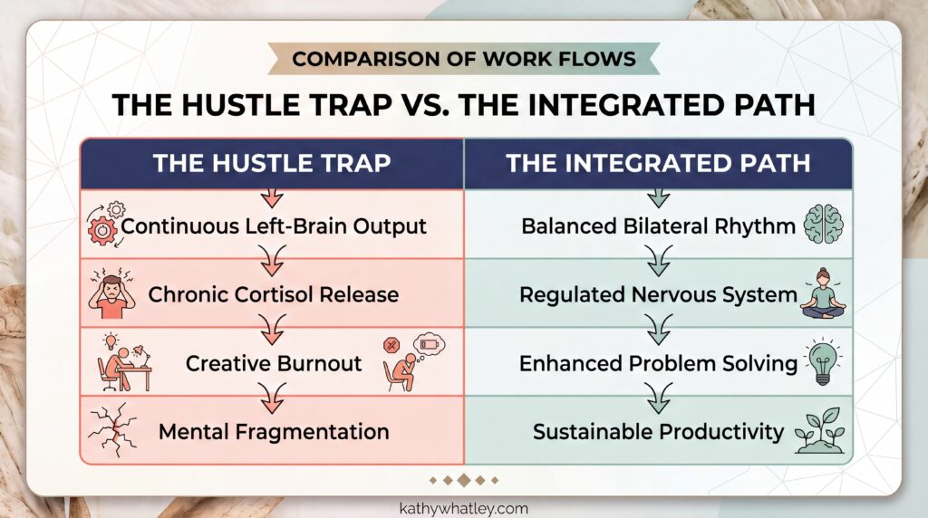 Chart comparing the mental fragmentation of the hustle trap versus the balanced rhythm of an integrated lifestyle path.