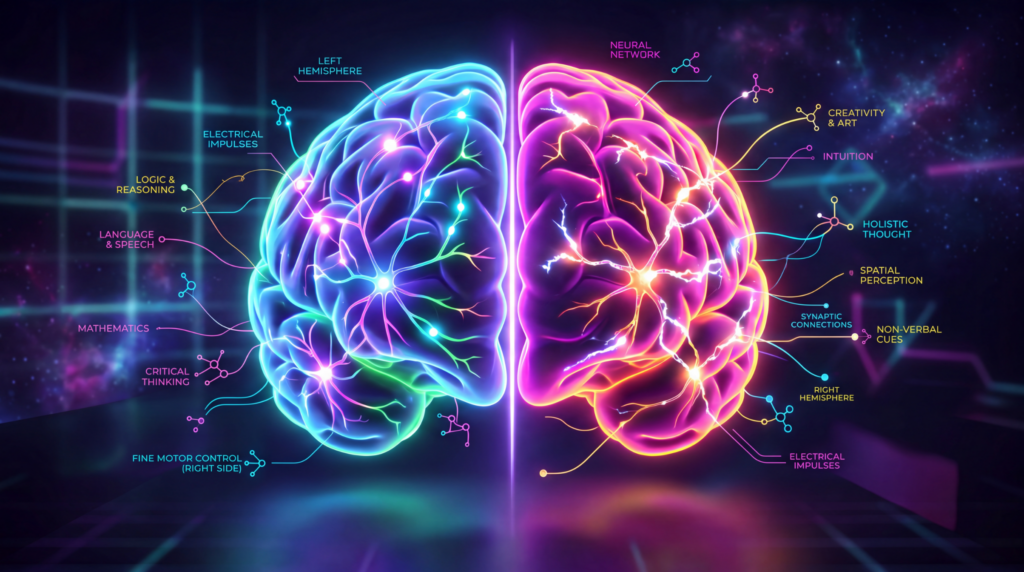 Neon illustration of a human brain split into a blue-green left hemisphere and a pink-orange right hemisphere with function labels.